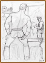 Tom of Finland original graphite on paper study drawing depicting a male seminude watching a male figure