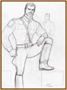 Tom of Finland original graphite on paper study drawing depicting two male figures in uniform