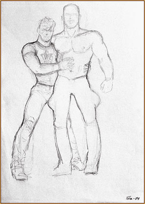Tom of Finland original graphite on paper study drawing depicting two male seminudes hugging