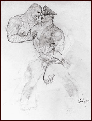 Tom of Finland original graphite on paper study drawing depicting two male seminudes embracing