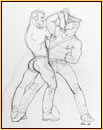 Tom of Finland original graphite on paper study drawing depicting a male seminude wrestling with a male figure