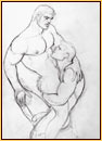 Tom of Finland original graphite on paper study drawing depicting two male nudes embracing