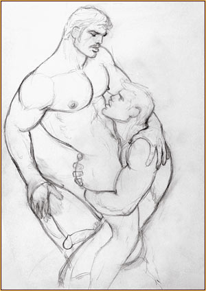 Tom of Finland original graphite on paper study drawing depicting two male nudes embracing