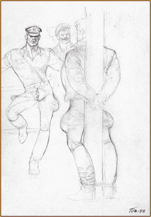 Tom of Finland original graphite on paper study drawing depicting a group of male figures